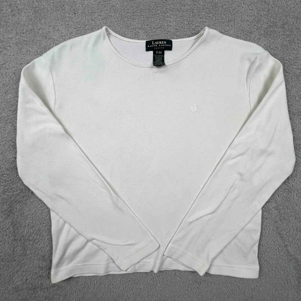 Lauren Ralph Lauren Ribbed Top Women White Long Sleeve Logo Classic Minimalist - Picture 9 of 11